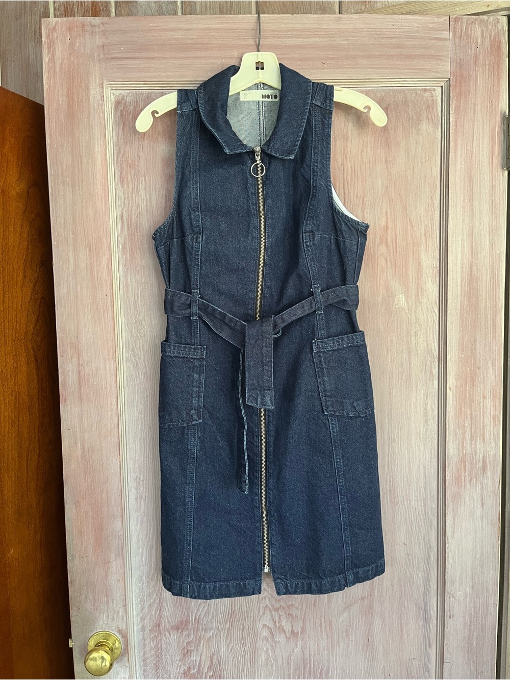 Topshop Moto sleeveless Dark Blue Denim Dress with Belt. 6